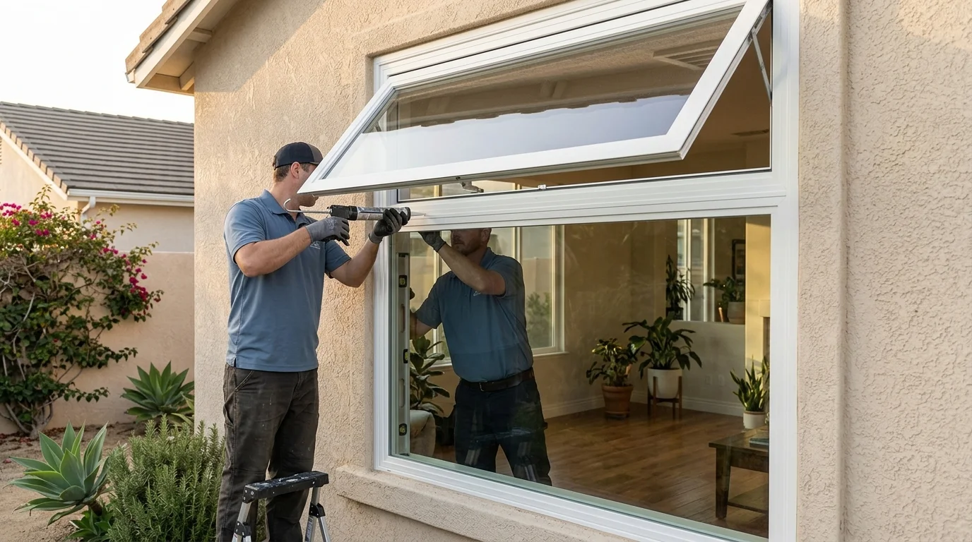 Awning window opened above a picture window in a San Diego home