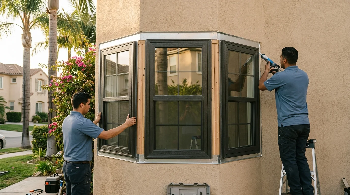 Bow window projecting from a stucco San Diego home