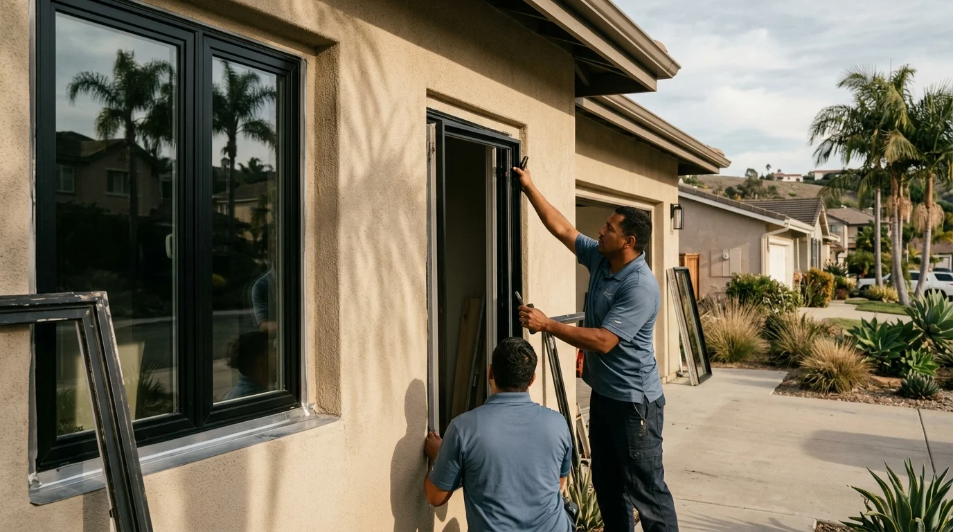 Black window frames on a modern San Diego home in afternoon sun