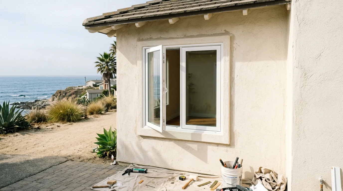 White vinyl casement window cranked half open on an Oceanside stucco house