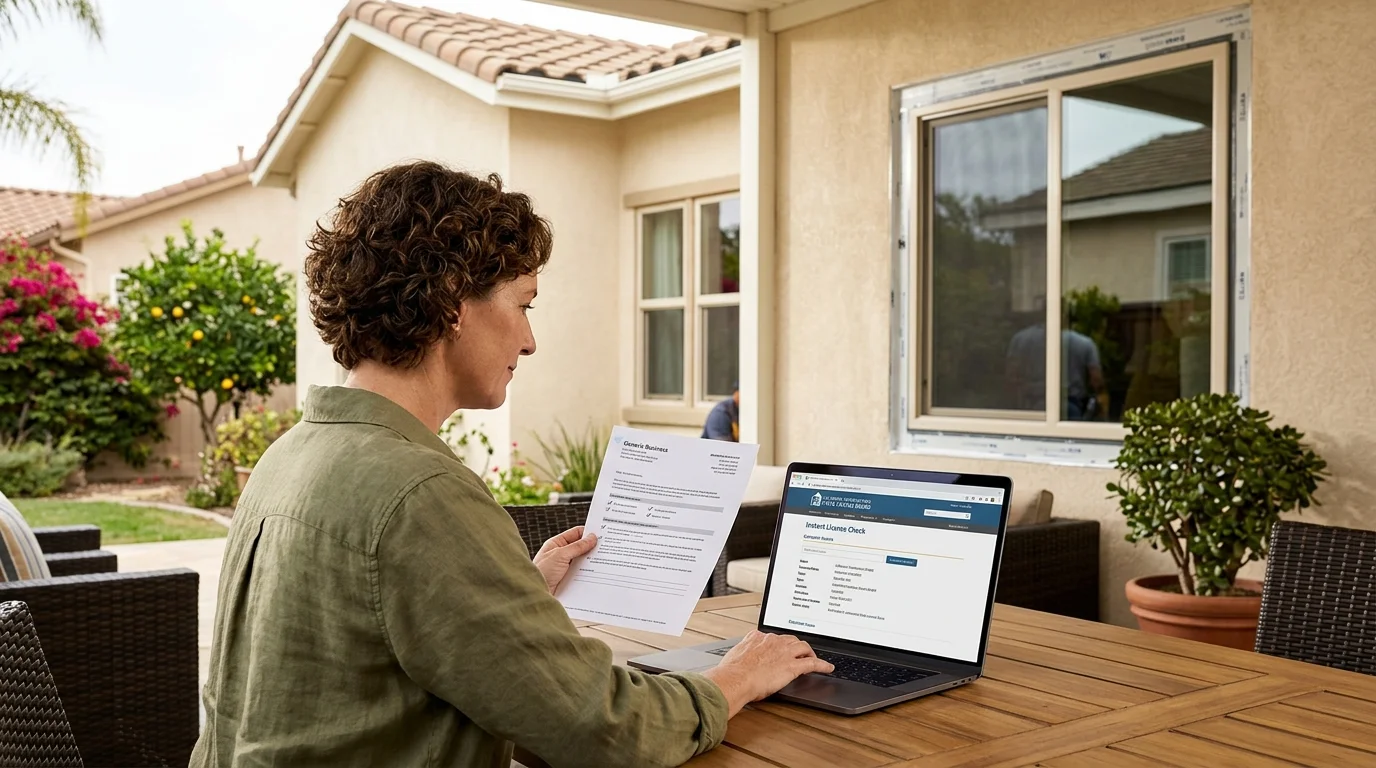 Homeowner comparing a window quote with an online license record