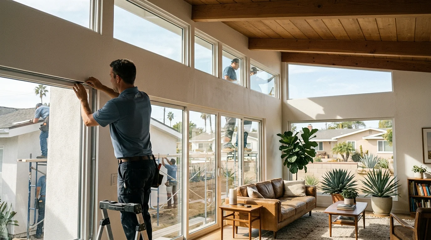 High clerestory windows bringing daylight into a San Diego living room