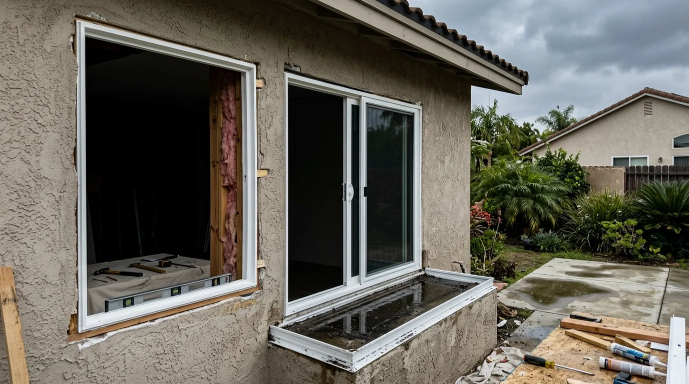 Chula Vista stucco sliding window with rainwater sitting in the exterior vinyl track