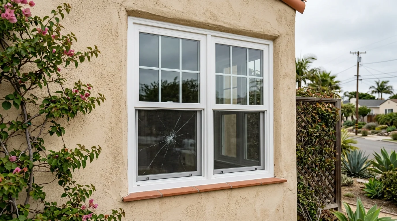 San Diego vinyl window with a star crack in the outer pane on a beige stucco wall