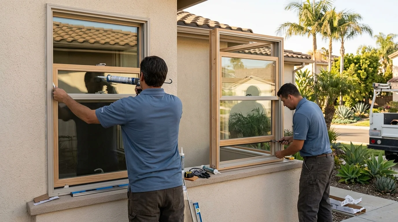 Double-hung and single-hung windows in a San Diego home