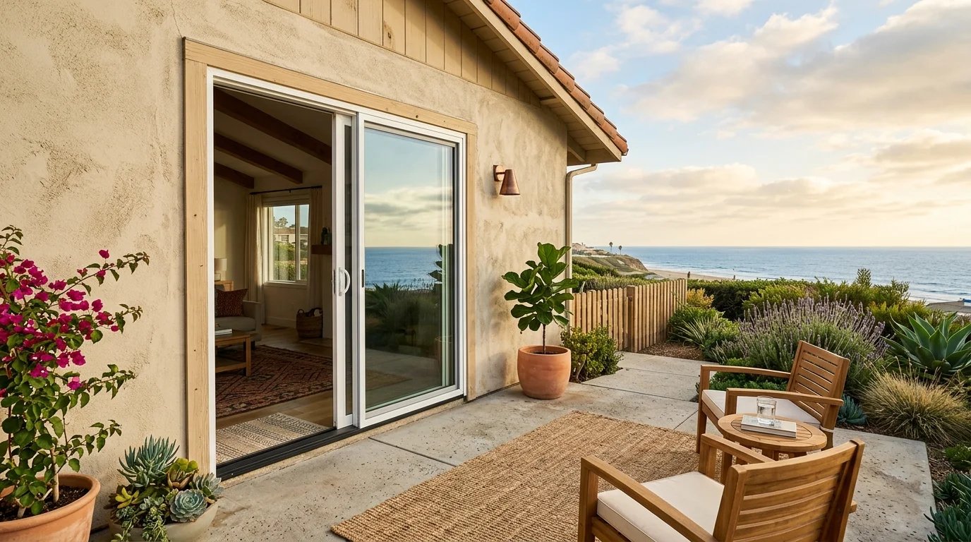 West-facing Oceanside patio with a dual-pane vinyl sliding glass door in beige stucco