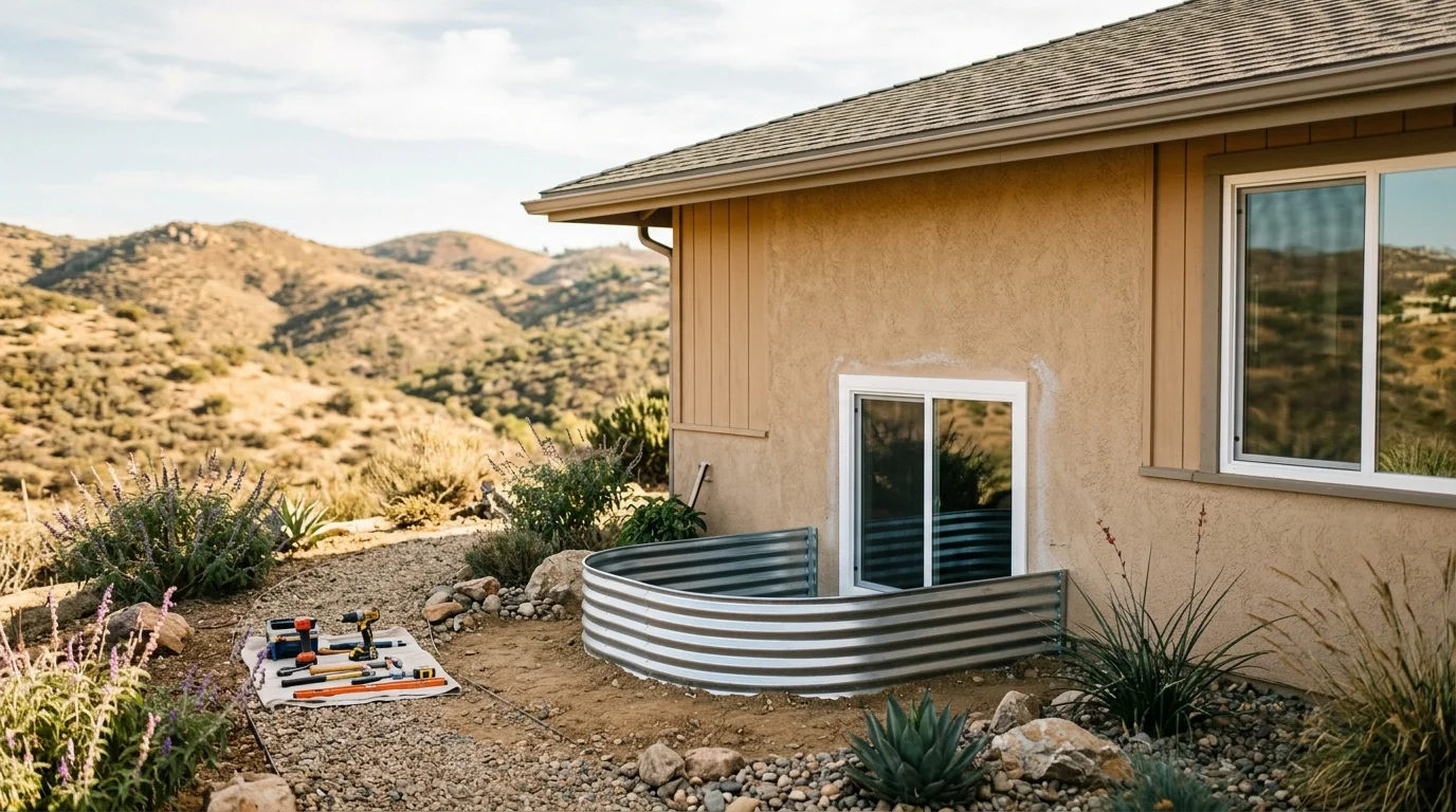 Below-grade bedroom window with an area well on an East County San Diego lot