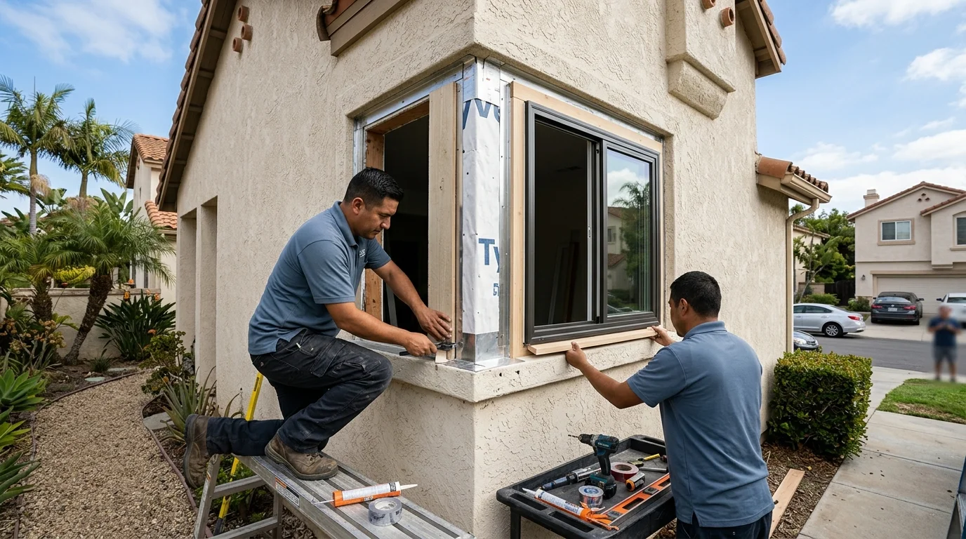 Exterior trim around a stucco window opening in San Diego