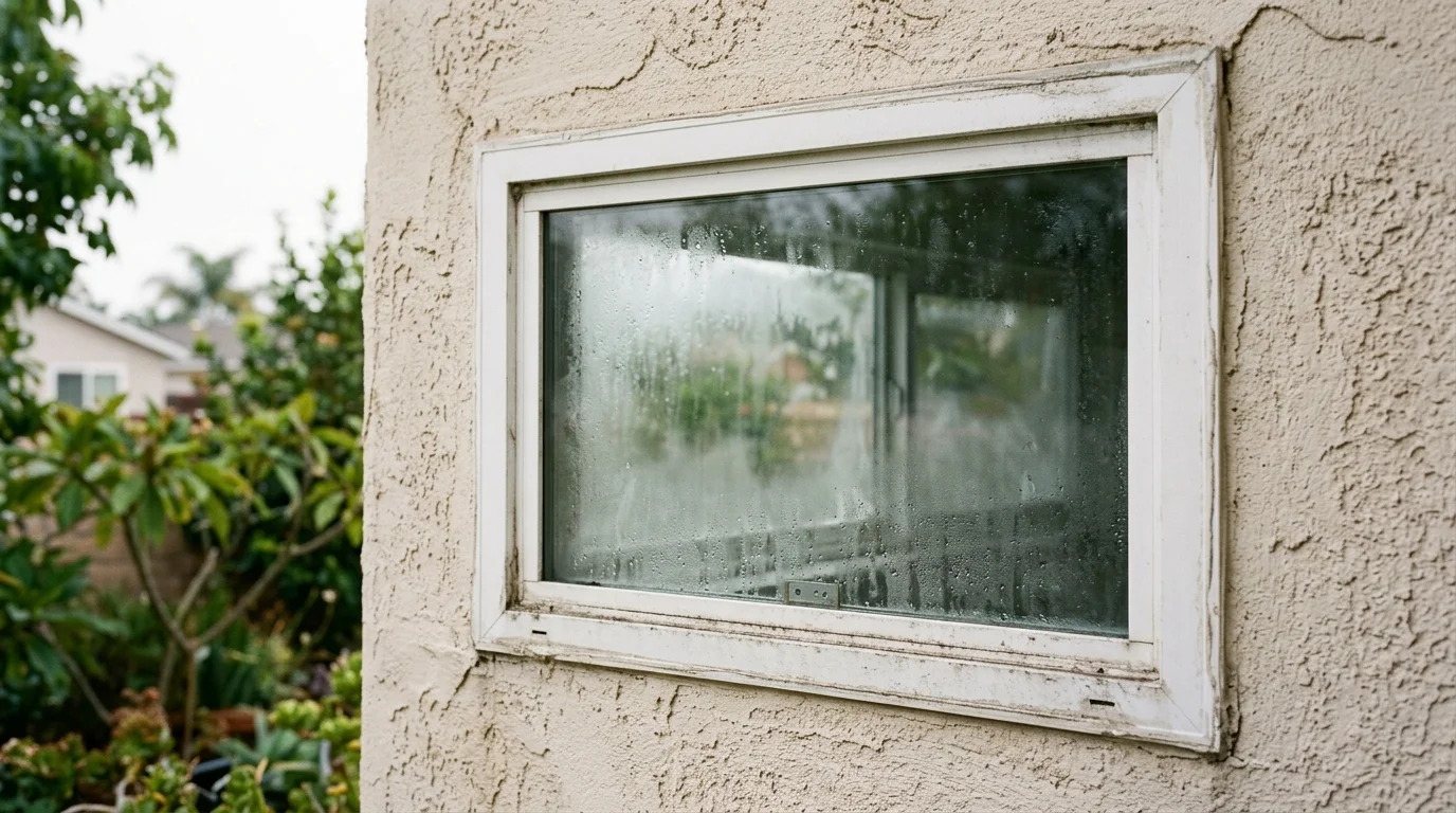 Dual-pane vinyl window on a San Diego stucco house with fog trapped between the glass layers