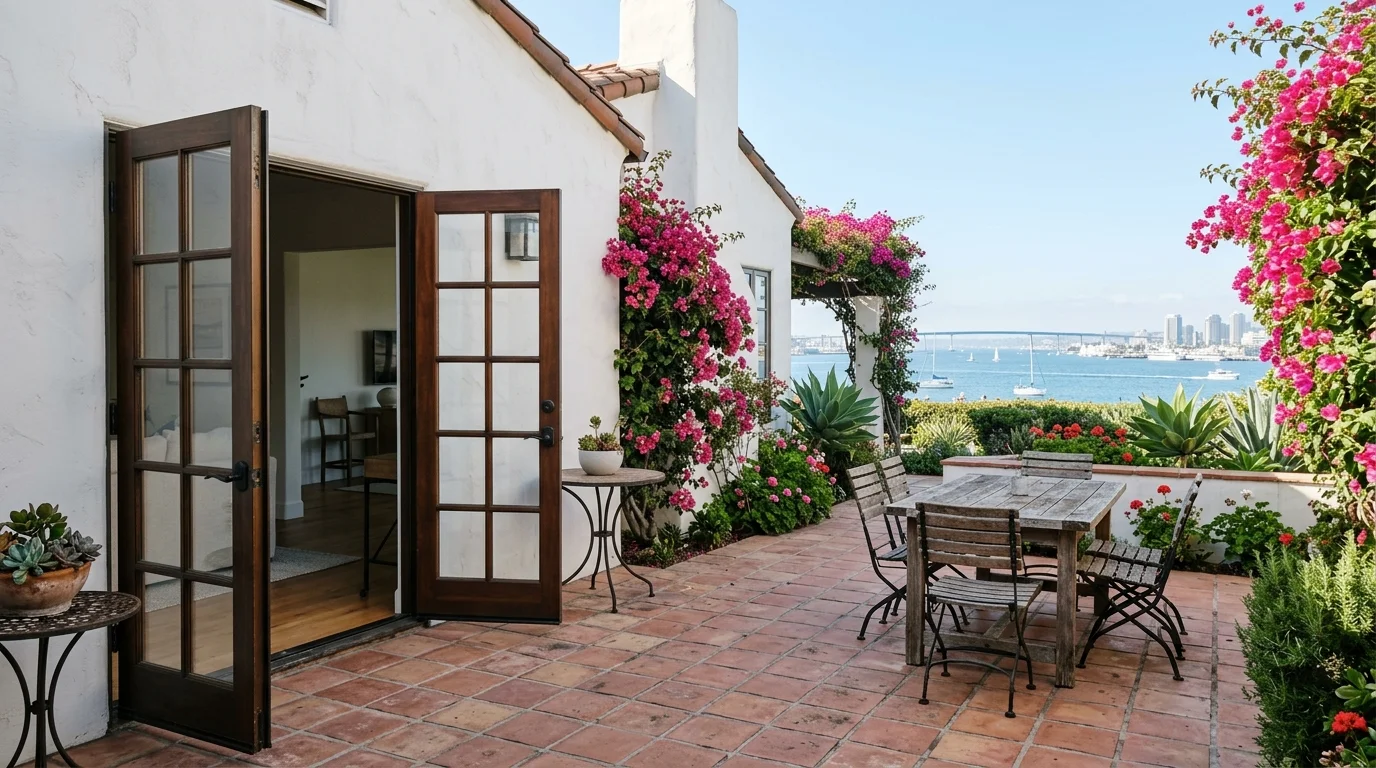 Hinged French patio doors and a sliding glass patio door on a San Diego house