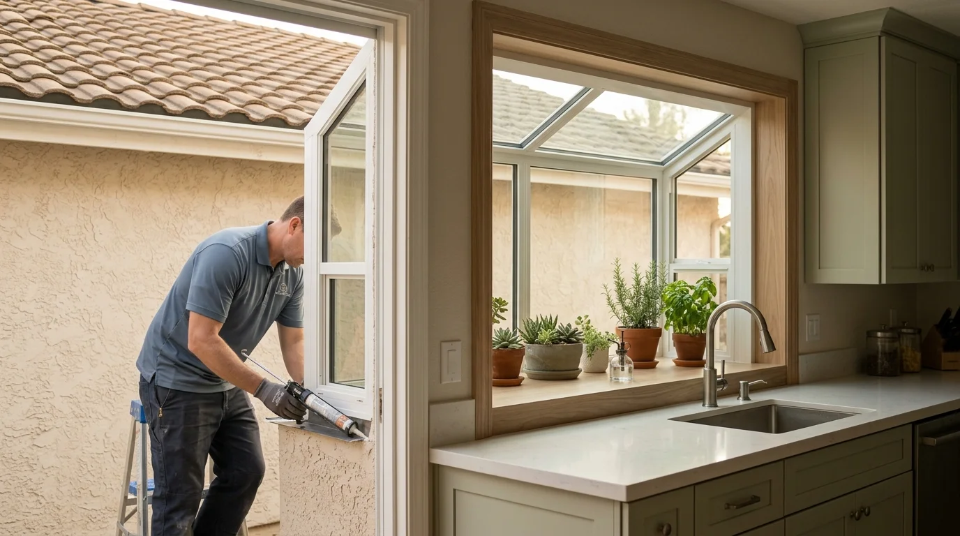 Garden window projecting above a kitchen counter
