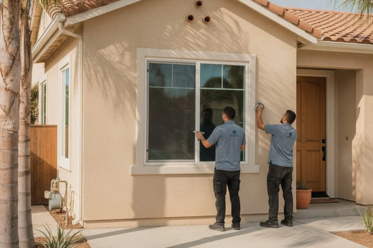 Una casa en San Diego con ventanas nuevas de vinilo de doble panel bajo emisividad instaladas, mostrando luz cálida de la tarde desde el oeste