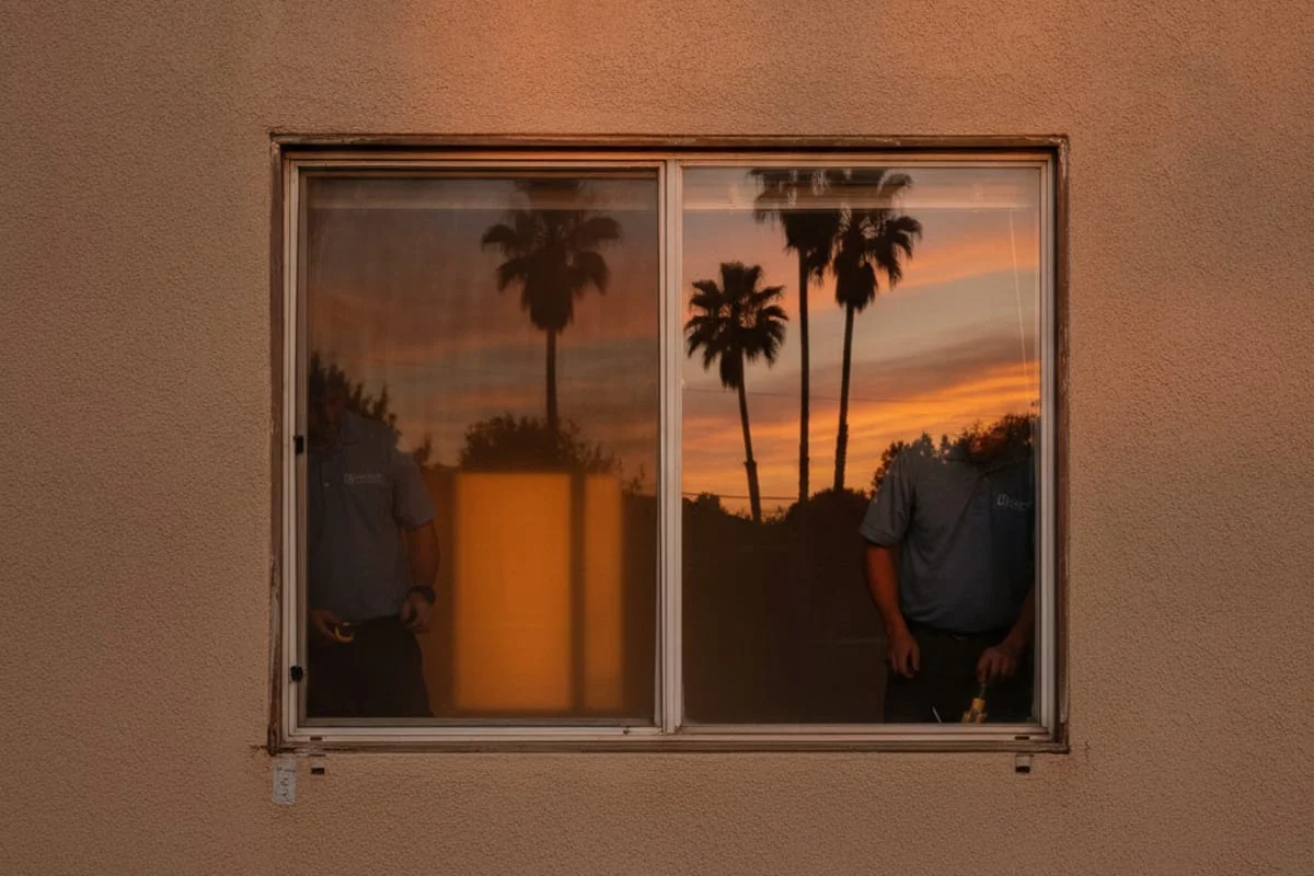 Una casa de San Diego con el sol de la tarde pegando en las ventanas orientadas al oeste del lado de la sala y el comedor