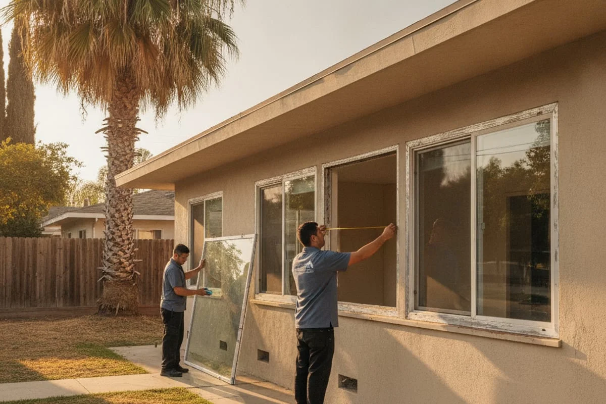 Una casa antigua de San Diego con ventanas correderas de aluminio de un solo vidrio originales en el exterior