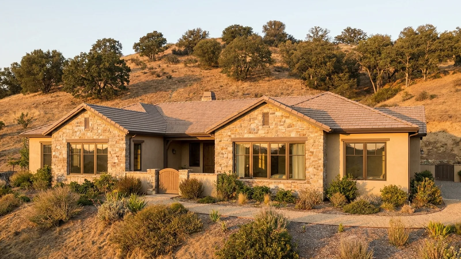 A San Diego backcountry hillside home with new dual-pane windows and dry brush terrain visible in the distance