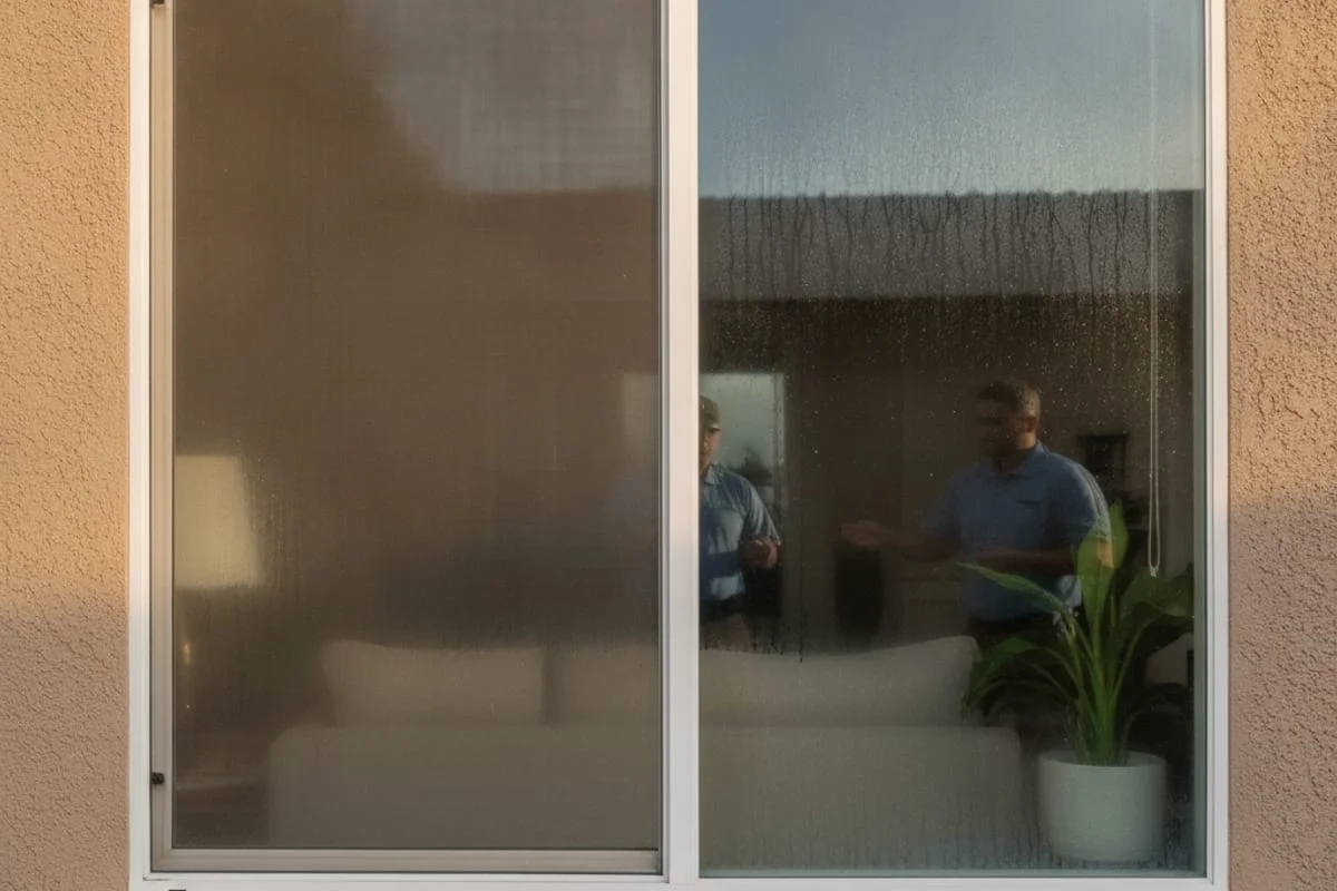 Una ventana empañada de doble vidrio con condensación de humedad atrapada entre los paneles de vidrio en una casa de San Diego