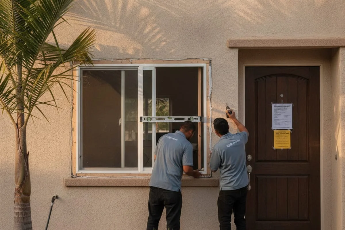 Una tarjeta de permiso del departamento de construcción de San Diego pegada a un marco de ventana durante una inspección