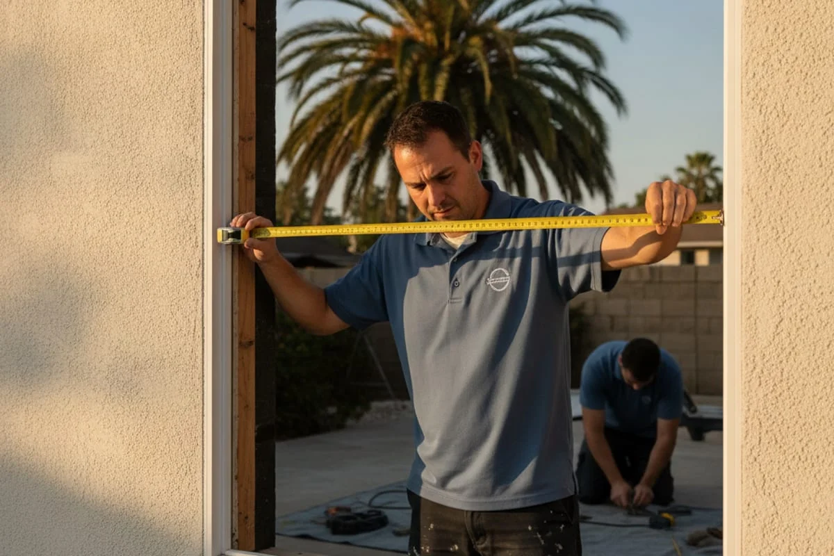 Una casa de San Diego en proceso de reemplazo de ventanas con ventanas nuevas de vinilo parcialmente instaladas y la cuadrilla trabajando en el segundo piso