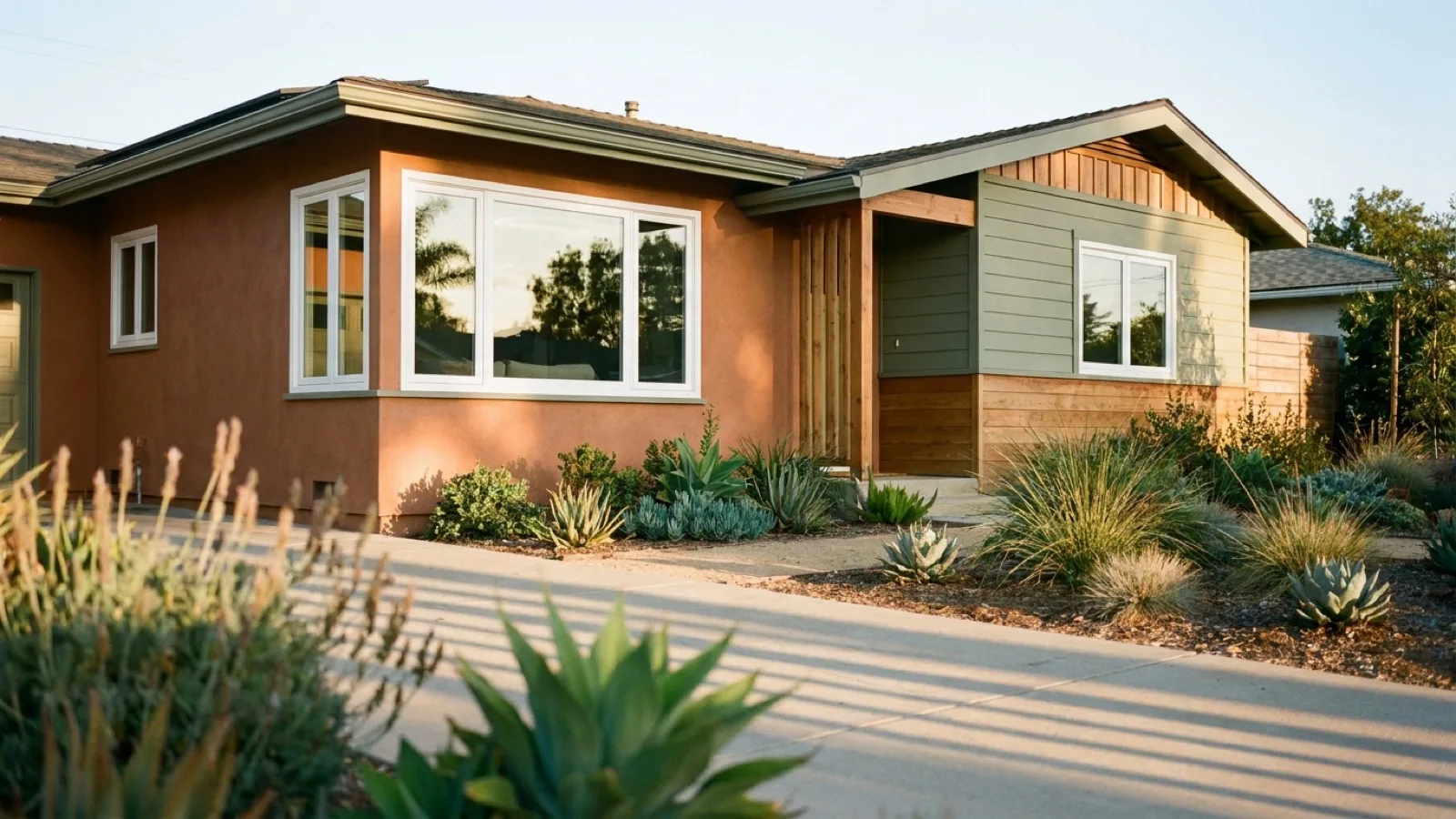 Sunlit single-story San Diego home with newly installed energy-efficient windows and drought-tolerant landscaping