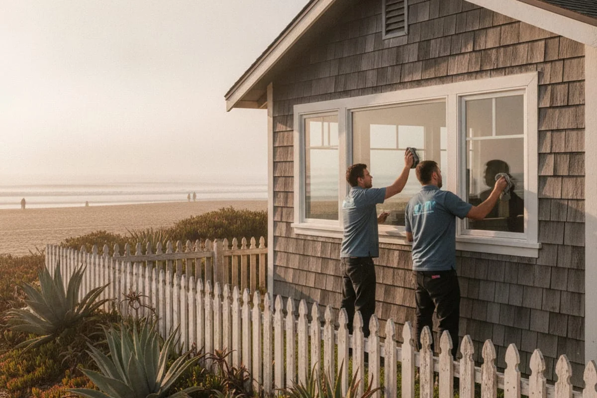 Una casa costera de San Diego sobre el acantilado con ventanas nuevas de vinilo blanco y vista al océano desde la sala