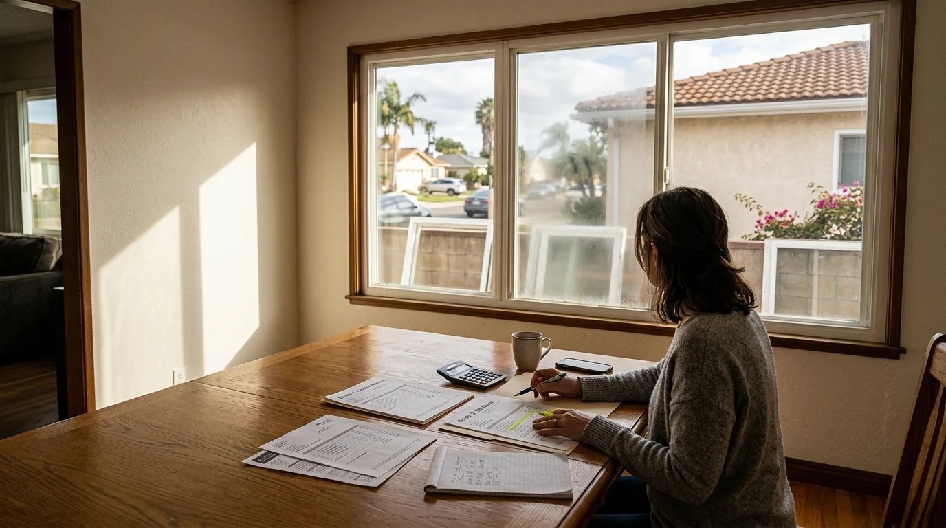 Homeowner comparing written window replacement quotes at a table