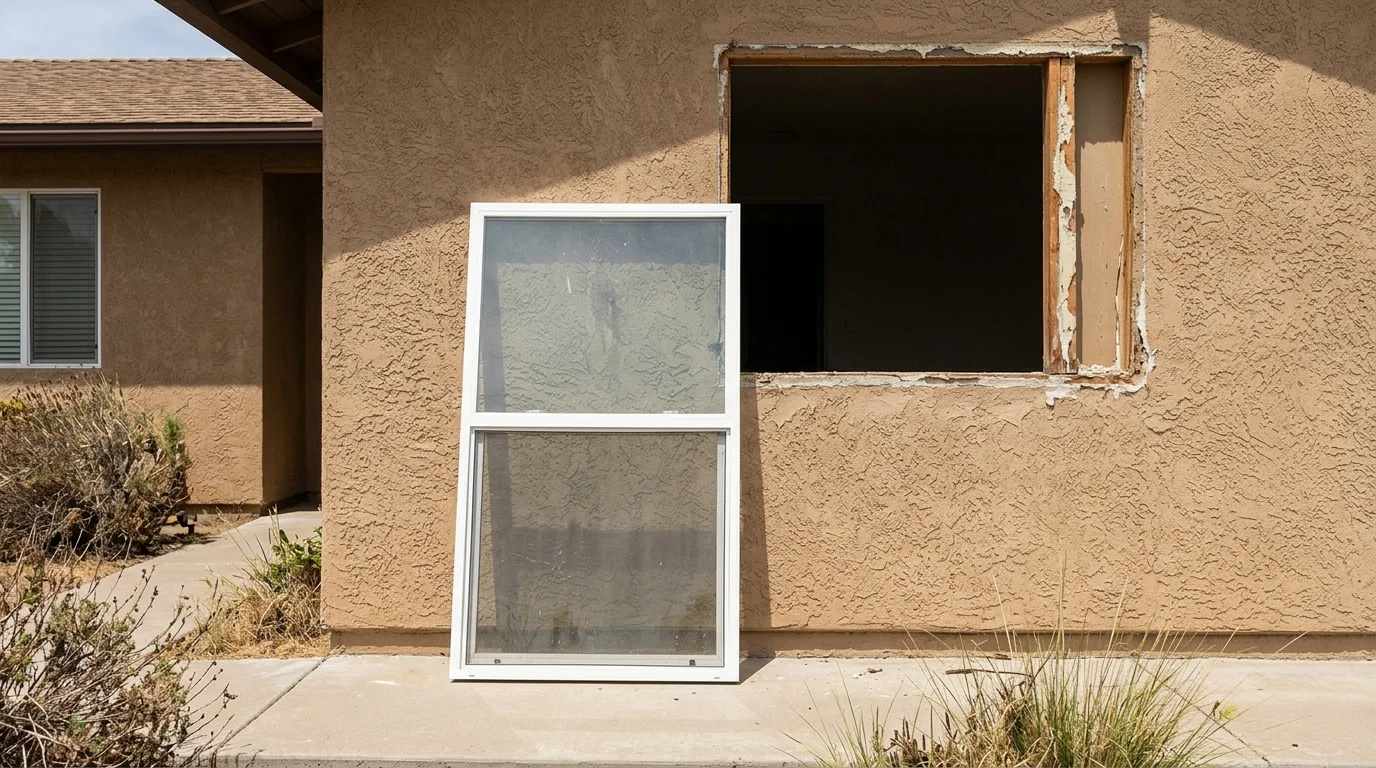 El Cajon ranch window with a dual-pane insulated glass unit removed and leaning on stucco