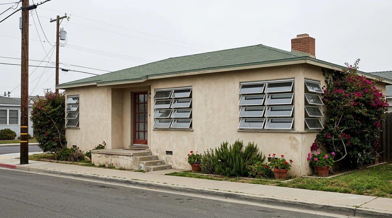 Glass jalousie louvered windows on a 1950s Pacific Beach stucco cottage