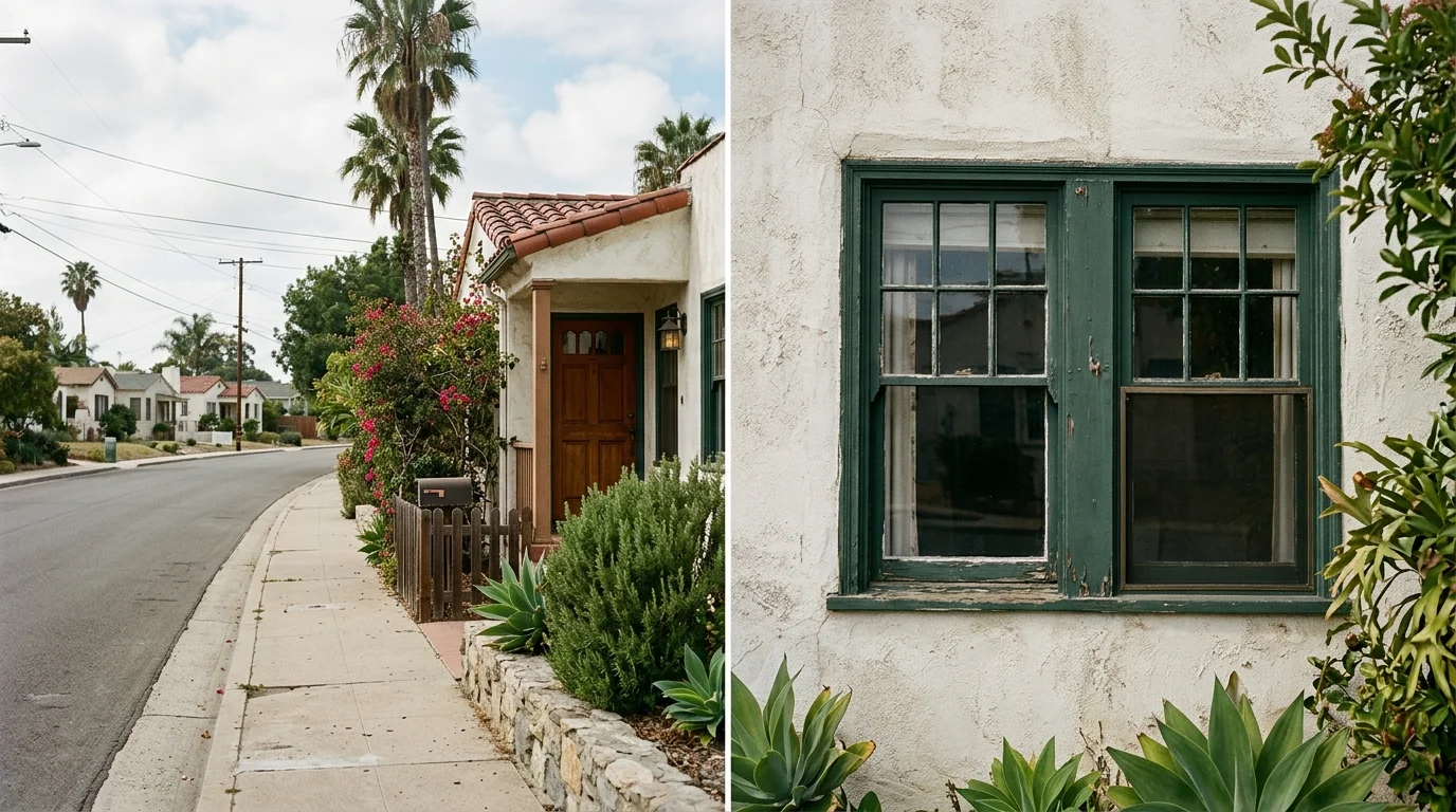 Painted interior window stool and stops in a pre-1978 San Diego stucco house