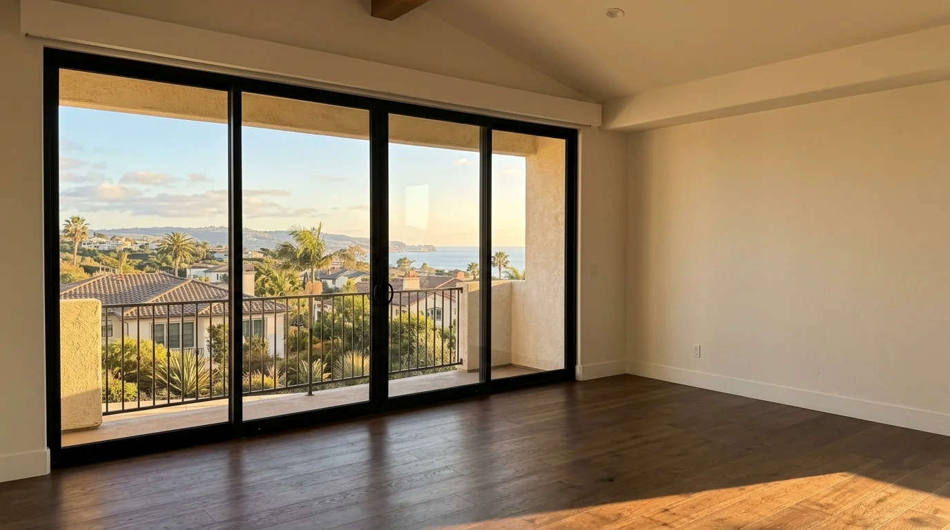 West-facing dual-pane windows on a San Diego stucco ranch in late afternoon sun