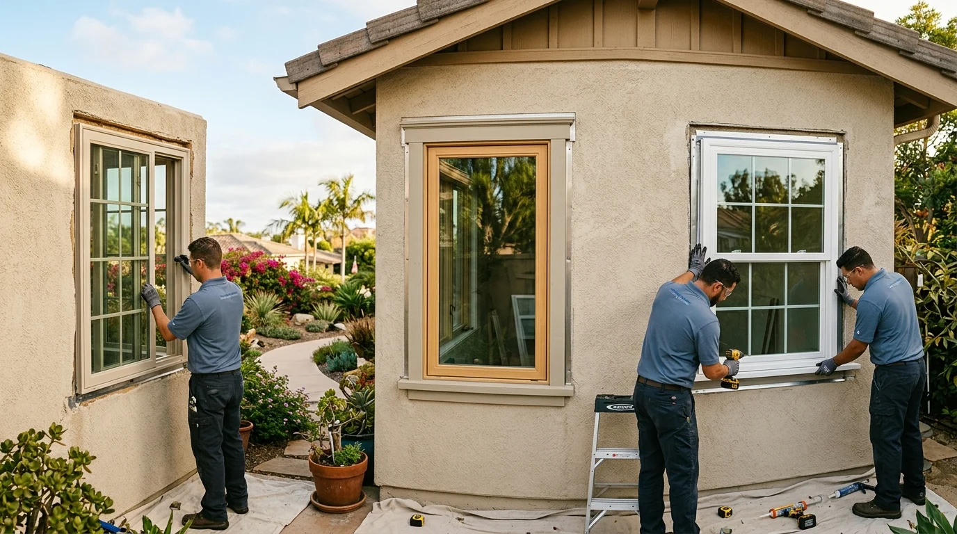 Milgard, Andersen, and Anlin window samples in a San Diego home