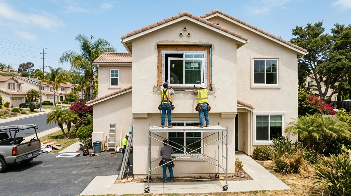 Two-story Vista tract house with nail-fin windows set in fresh inland north county stucco