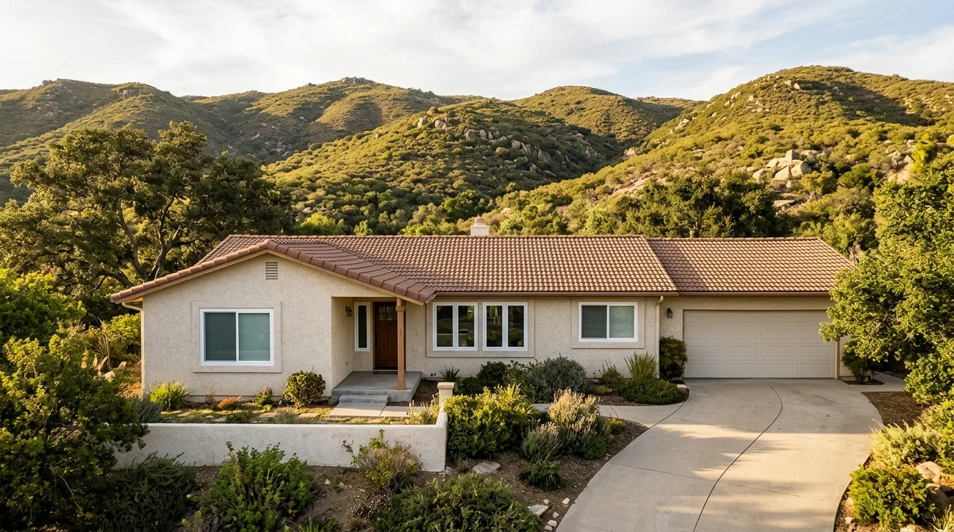 Poway stucco ranch with white vinyl replacement windows and inland San Diego hills in late afternoon