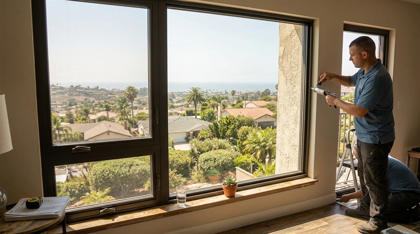Large picture window overlooking a San Diego neighborhood
