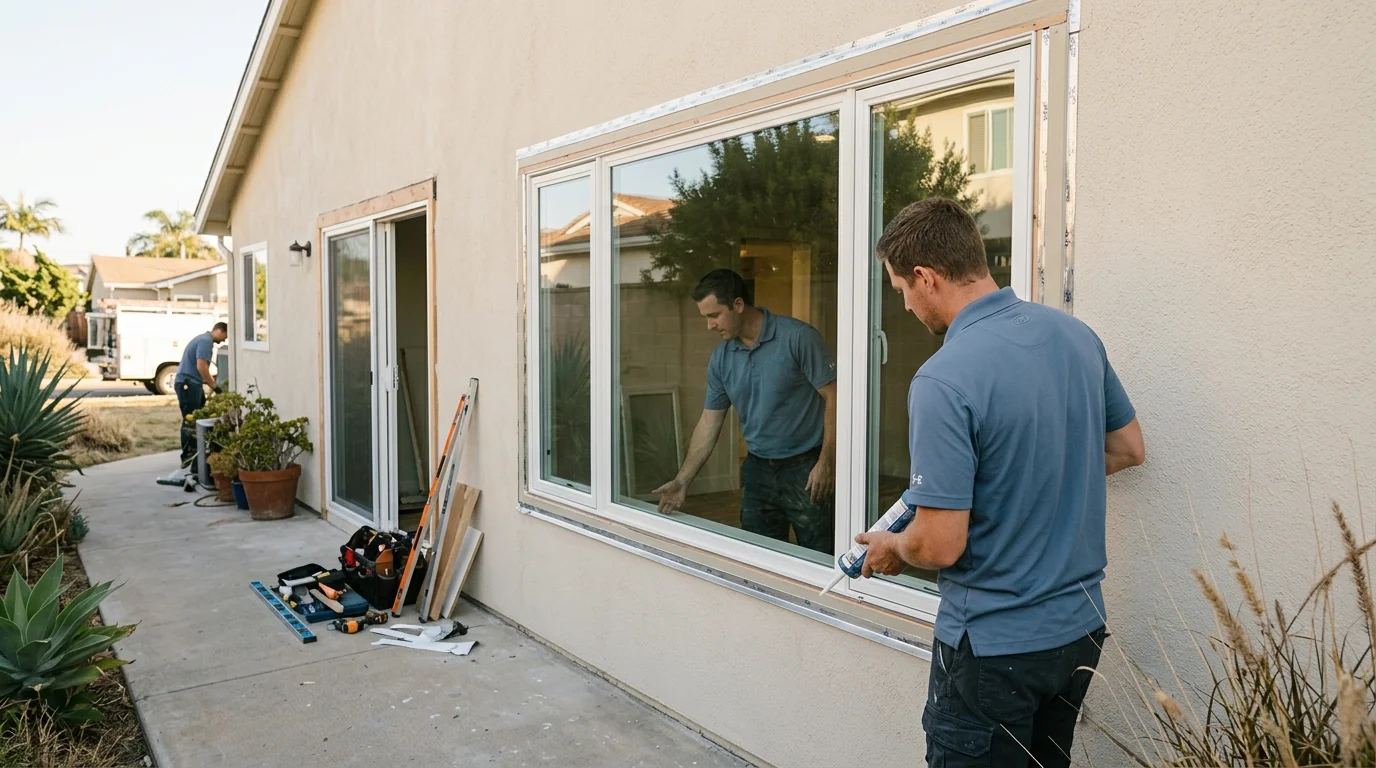 Framed window replacing a sliding glass door opening
