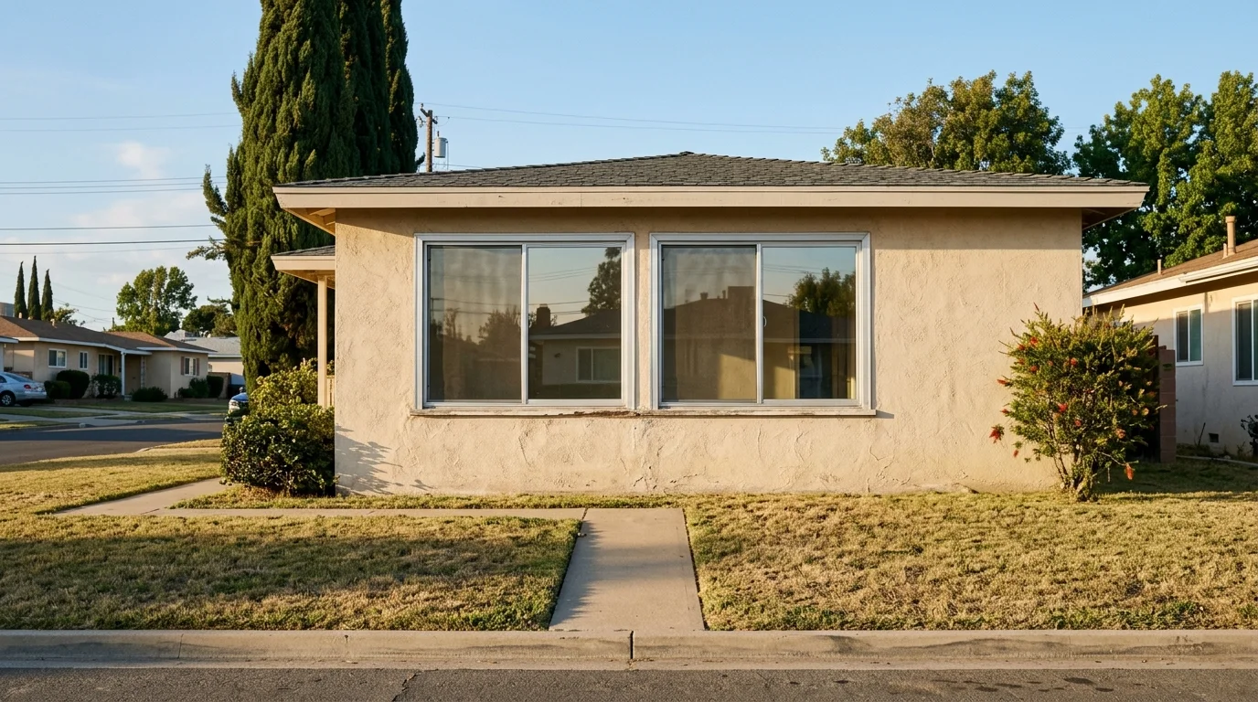Original aluminum sliding windows in the stucco wall of a San Diego tract home