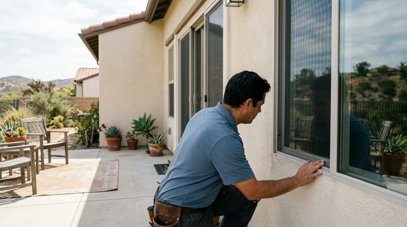 Contractor examining a window beside a patio door