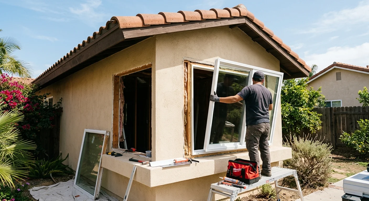 Unsigned home-improvement contract and pen on a San Diego kitchen table beside a window brochure