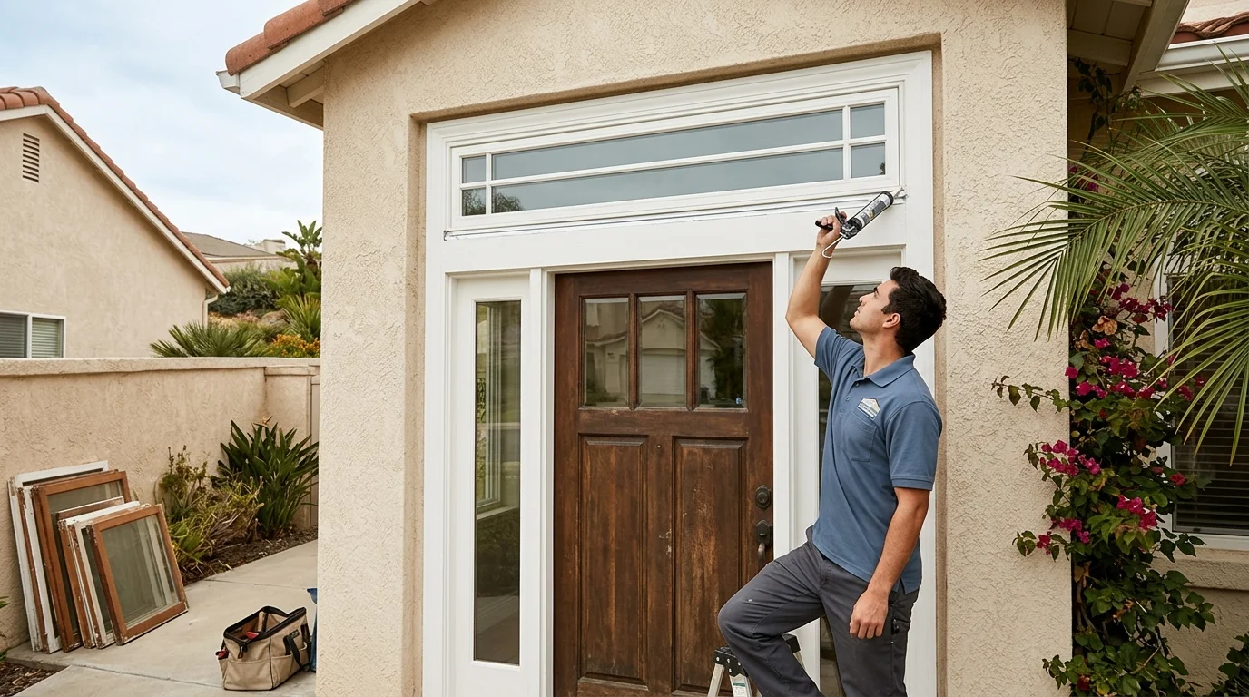 Horizontal transom window above a front door in a San Diego home
