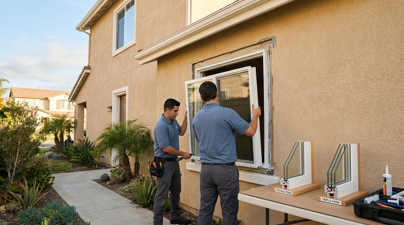 Double-pane and triple-pane window samples in a San Diego home