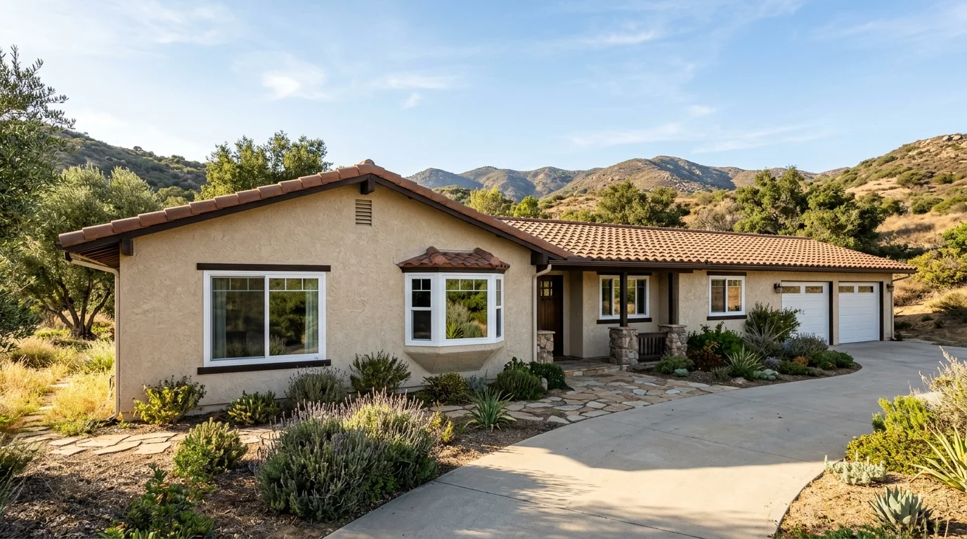 White vinyl replacement windows on a beige stucco Escondido ranch house