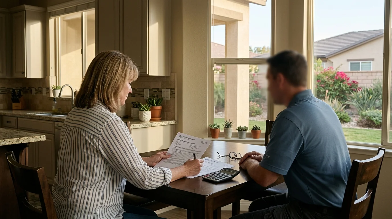 Homeowner reviewing a written window quote at a kitchen table