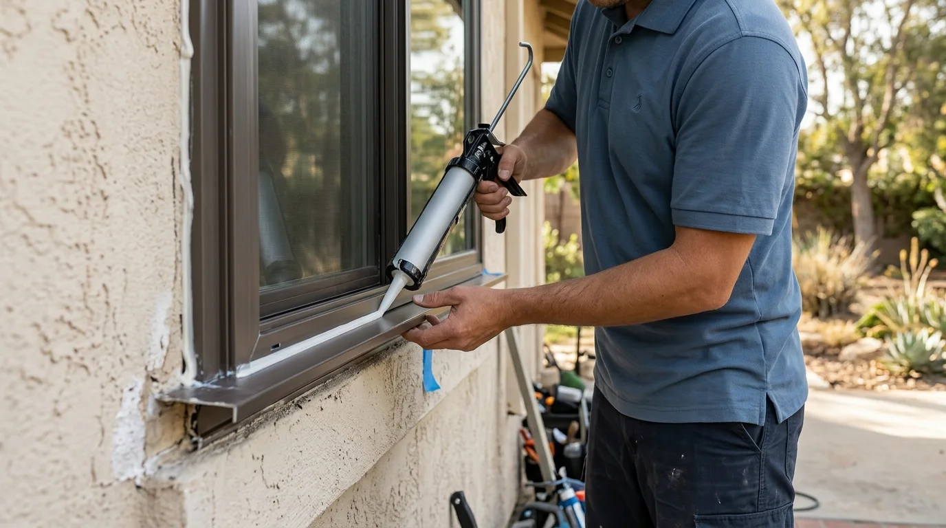 Close view of sealant at a stucco window perimeter