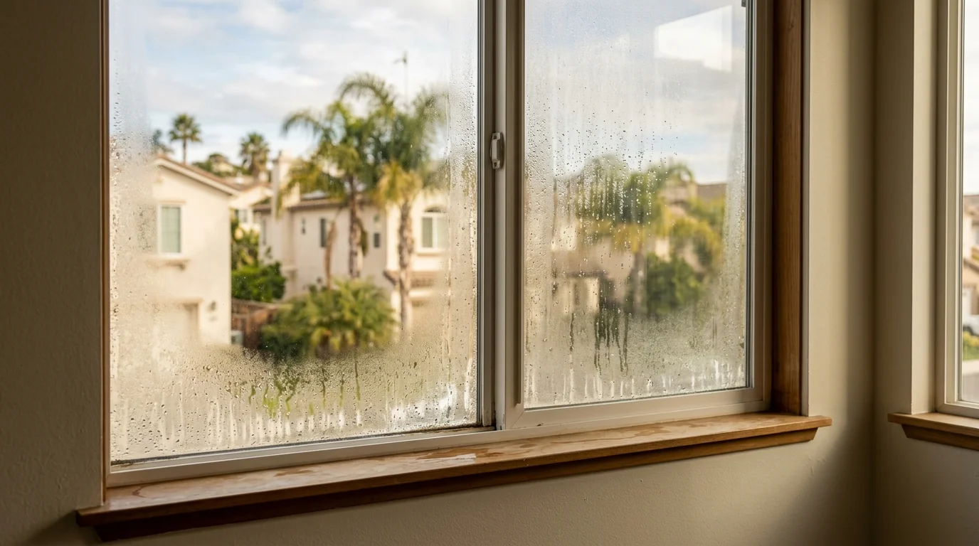 Condensation covering the room-side surface of a window