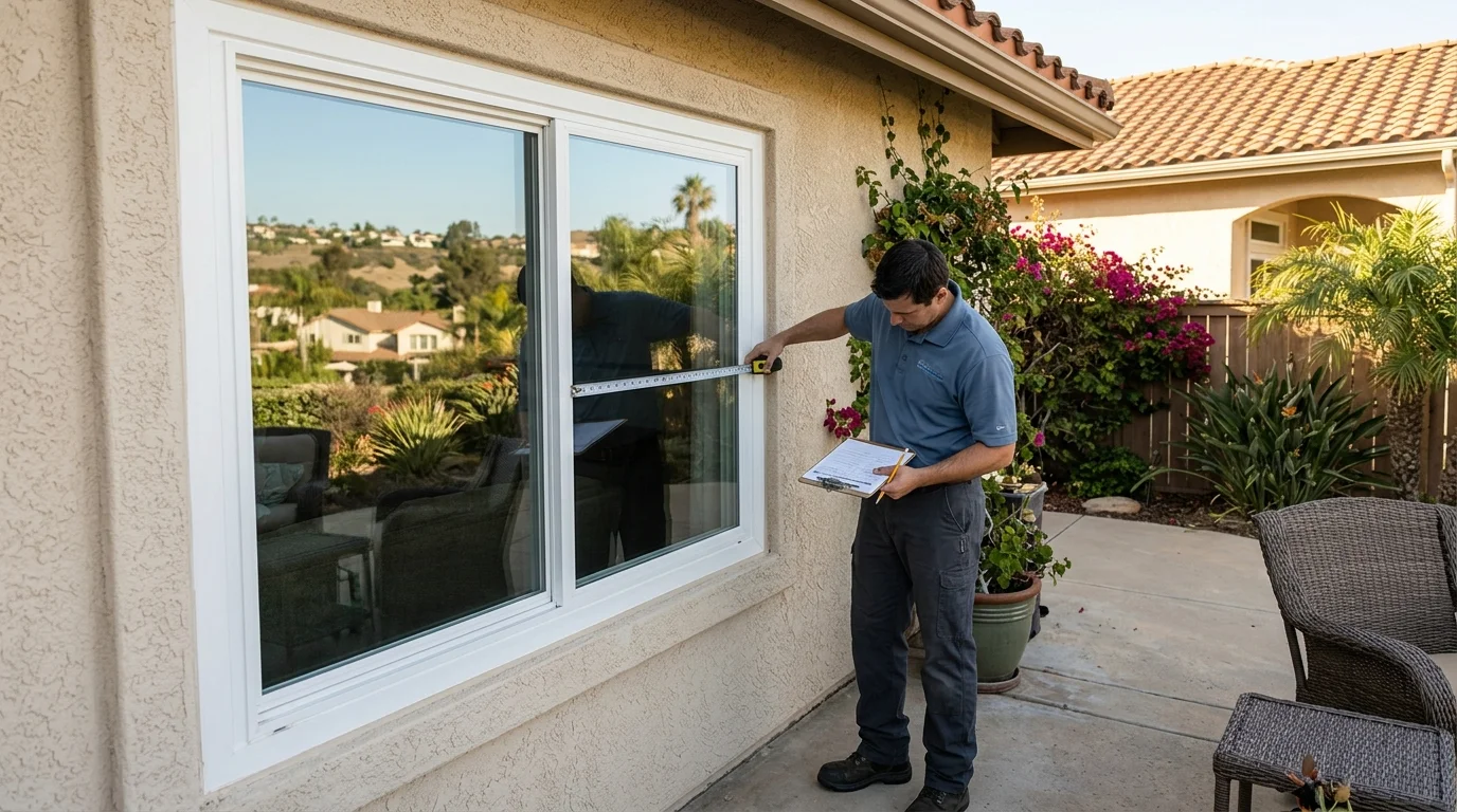 Window professional measuring residential window glass in San Diego
