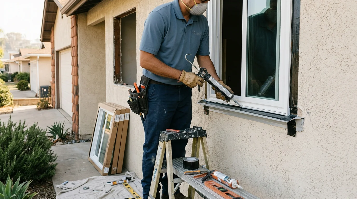 Installer sealing a replacement window opening in a San Diego home