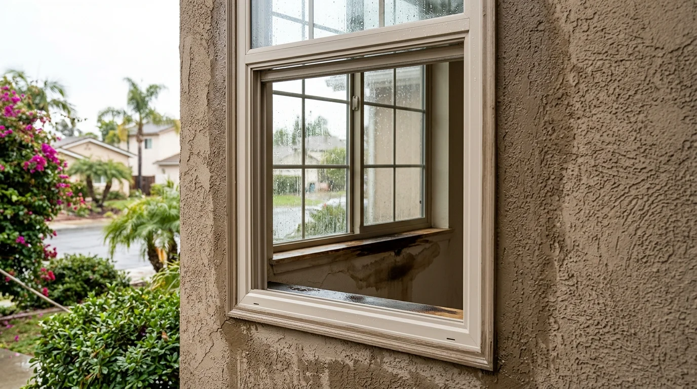 Stucco-recess window on a San Diego house with rainwater staining the interior sill at the frame