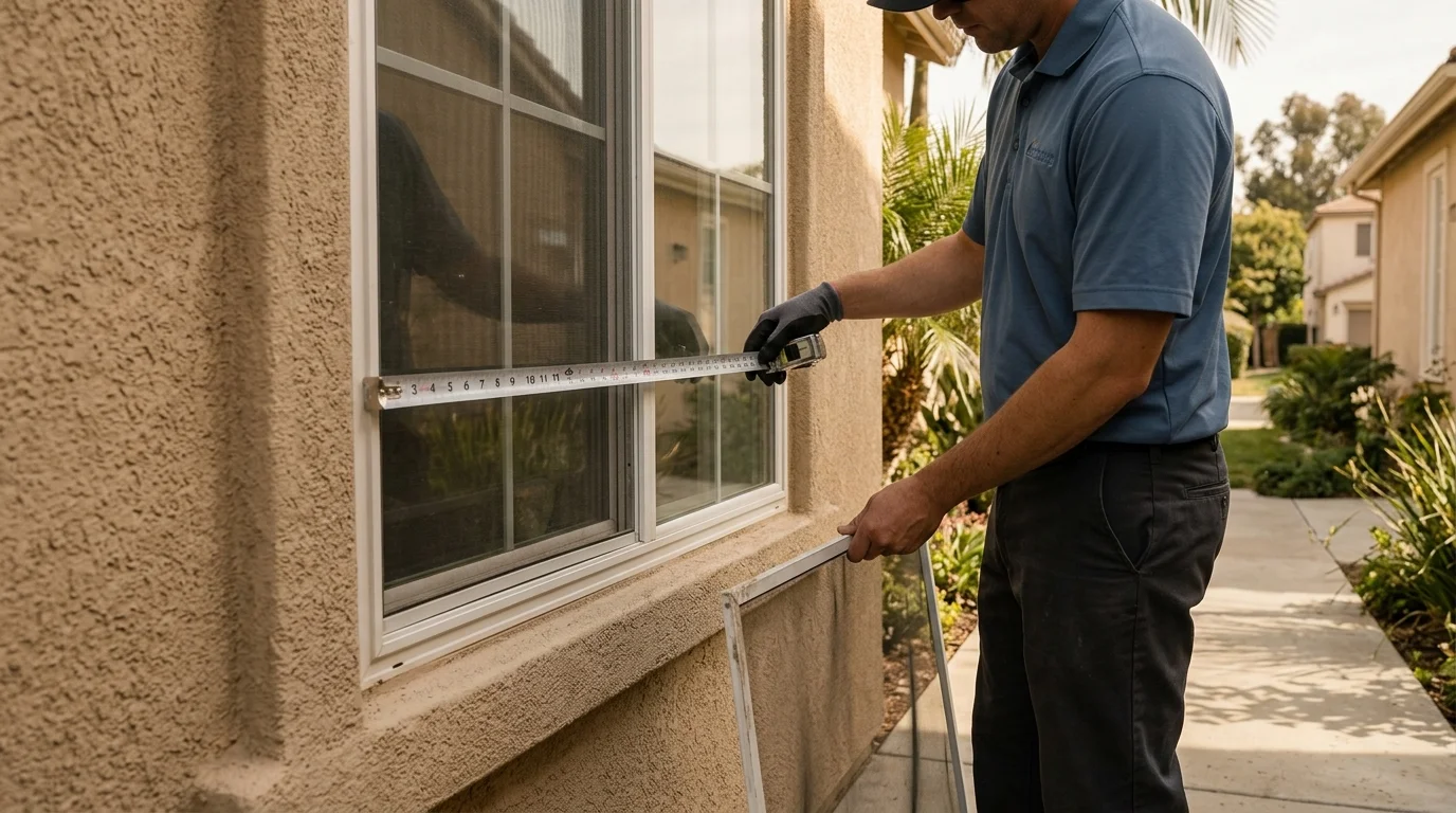 Window screen being measured beside a San Diego window