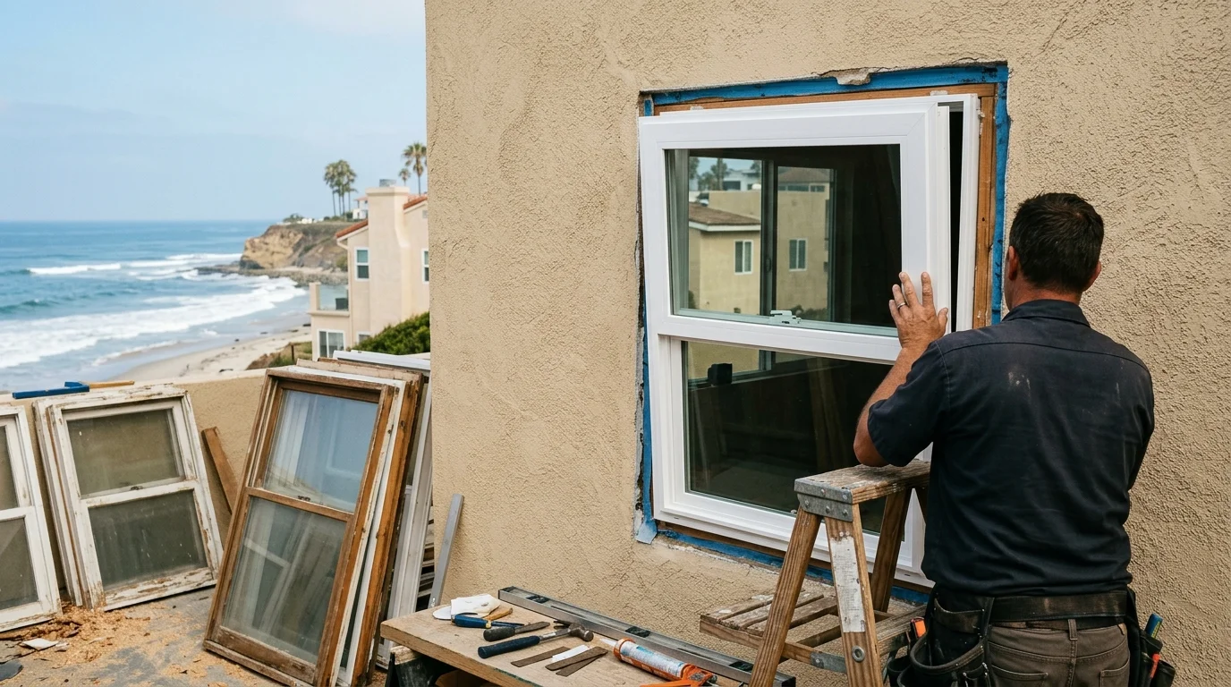 Oceanside stucco house with a white vinyl sash sitting slightly out of square so the lock misses the keep
