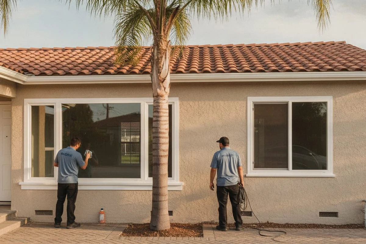 Installer setting a new vinyl double-hung window into a San Diego home opening with the old single-pane unit removed.