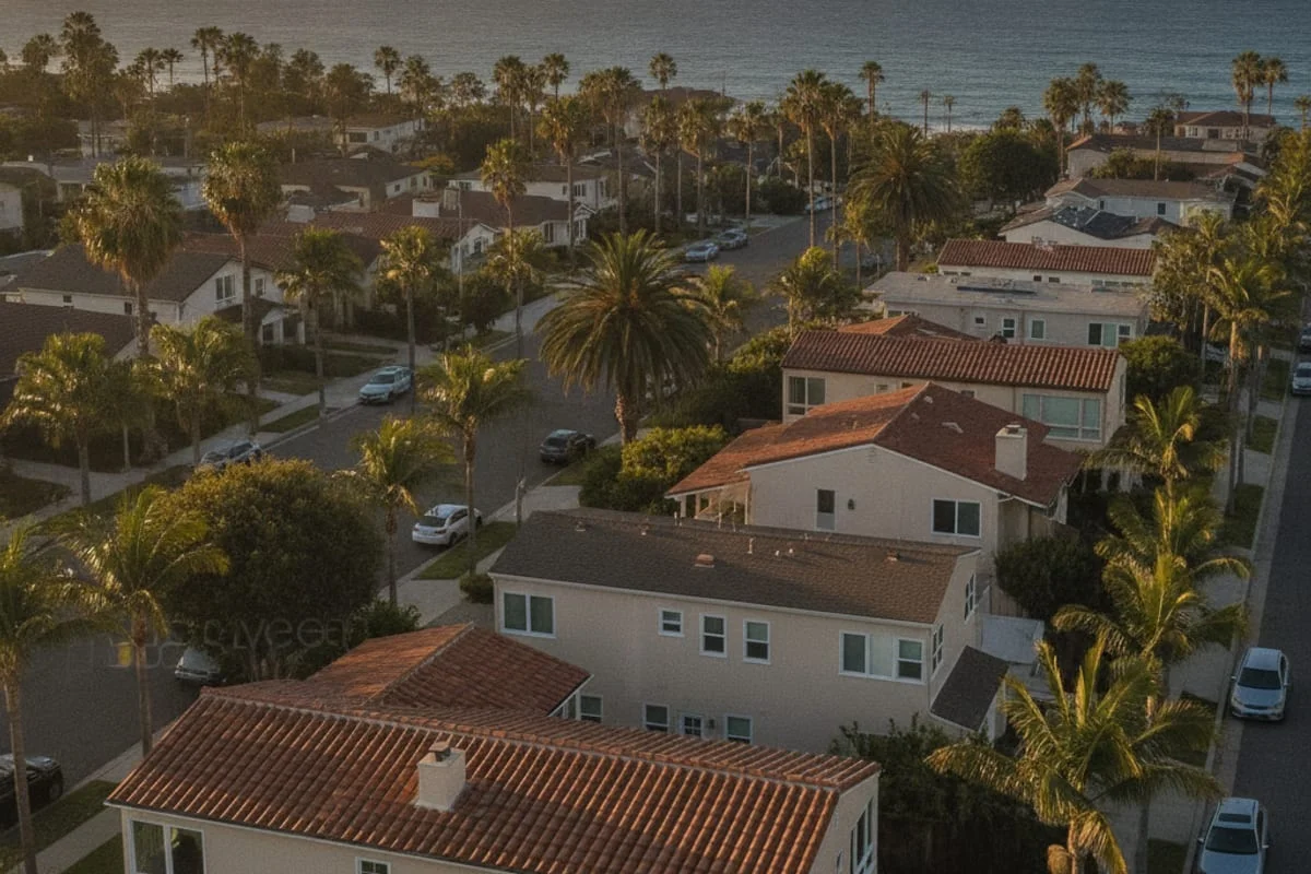 Aerial view of San Diego County coastline at sunset showing coastal and inland neighborhoods served by Window Pro SD.